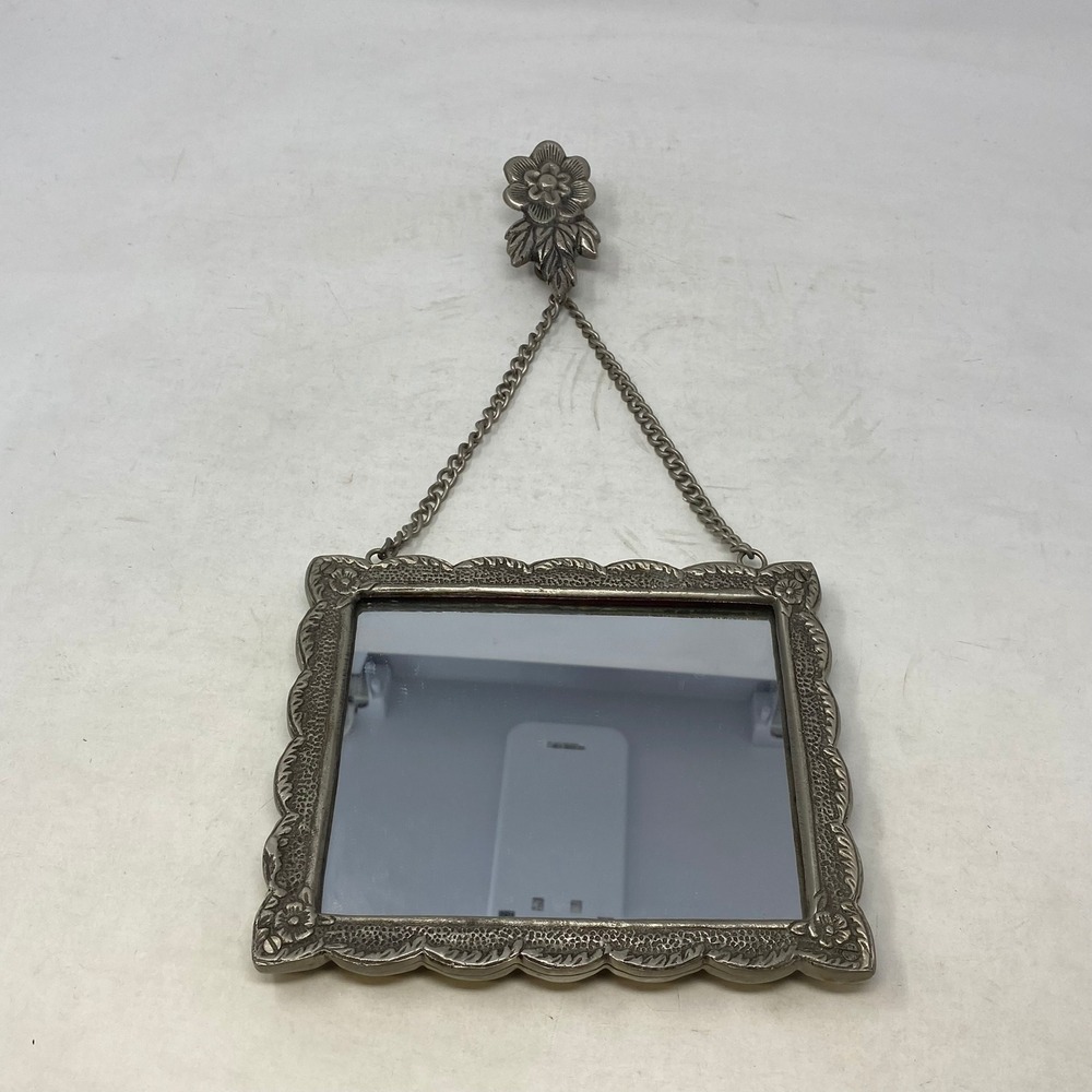 Vintage Silver Tone Ornate Floral Repousse Wall Hanging Mirror with Chain Mount